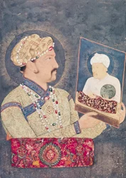 Emperador Jahangir (1569-1627) sosteniendo un retrato del Emperador Akbar (1542-1605)
